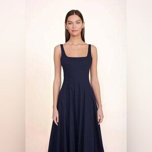 NEW STAUD Wells Stretch Cotton Sleeveless Midi Dress Navy | US 2 UK 6